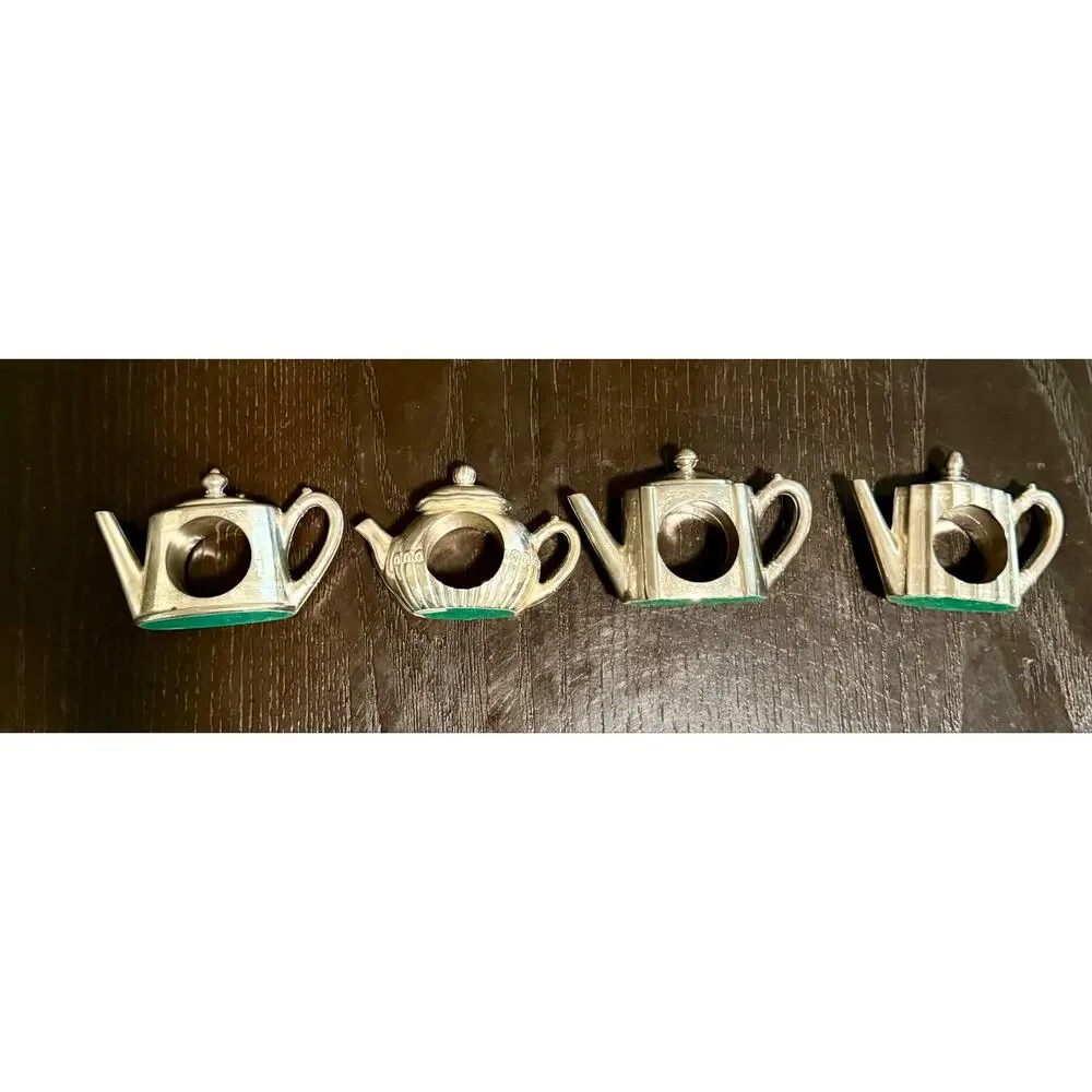 Godinger Silver Teapot Napkin Rings Set of 4 Vintage 1994 Silverplate